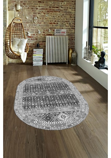 Dijital Baskılı Kaymaz Yıkanabilir Etnik Oval Yolluk Mutfak Salon Halısı, N-O-Etnik-17-Gri,