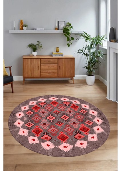 Dijital Baskılı Kaymaz Yıkanabilir Etnik Desen Yuvarlak Mutfak Salon Halısı, N-Y-Etnik-19-Kırmızı,