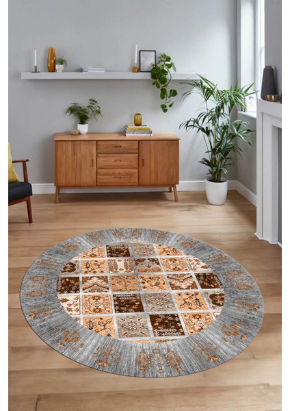 Dijital Baskılı Kaymaz Yıkanabilir Etnik Desen Yuvarlak Mutfak Salon Halısı, N-Y-Etnik-18-Gri,