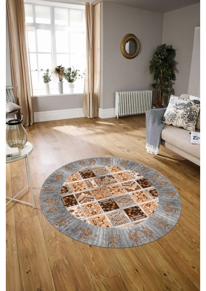 Dijital Baskılı Kaymaz Yıkanabilir Etnik Desen Yuvarlak Mutfak Salon Halısı, N-Y-Etnik-18-Gri, fırsatları