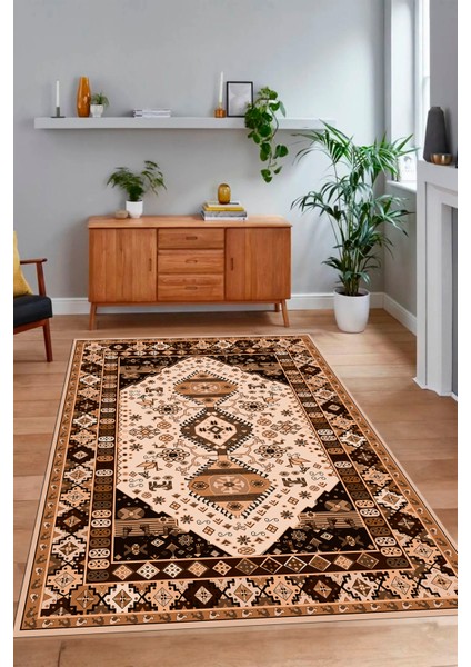 Dijital Baskılı Kaymaz Taban Yıkanabilir Etnik Yolluk Mutfak Salon Halısı, N-Etnik-07-Kahve,