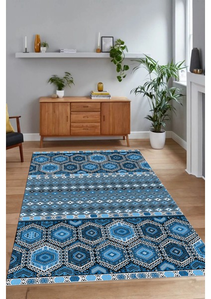 Dijital Baskılı Kaymaz Taban Yıkanabilir Etnik Yolluk Mutfak Salon Halısı, N-Etnik-13-Mavi,