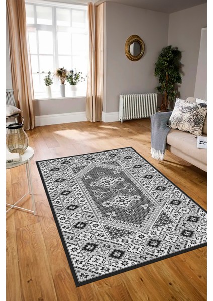 Dijital Baskılı Kaymaz Taban Yıkanabilir Etnik Yolluk Mutfak Salon Halısı, N-Etnik-08-Gri,