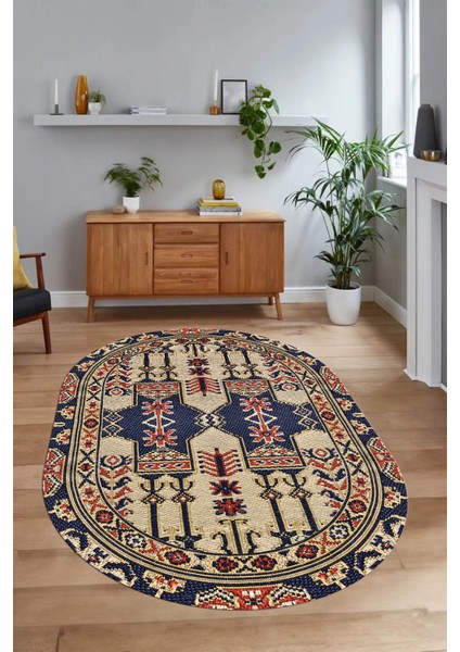 Dijital Baskılı Kaymaz Yıkanabilir Etnik Oval Yolluk Mutfak Salon Halısı, N-O-Etnik-20-Lacivert,