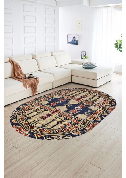 Dijital Baskılı Kaymaz Yıkanabilir Etnik Oval Yolluk Mutfak Salon Halısı, N-O-Etnik-20-Lacivert, modelleri