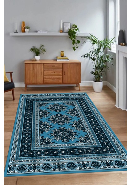 Dijital Baskılı Kaymaz Taban Yıkanabilir Etnik Yolluk Mutfak Salon Halısı, N-Etnik-04-Mavi,