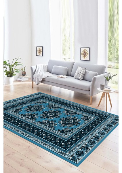 Dijital Baskılı Kaymaz Taban Yıkanabilir Etnik Yolluk Mutfak Salon Halısı, N-Etnik-04-Mavi,