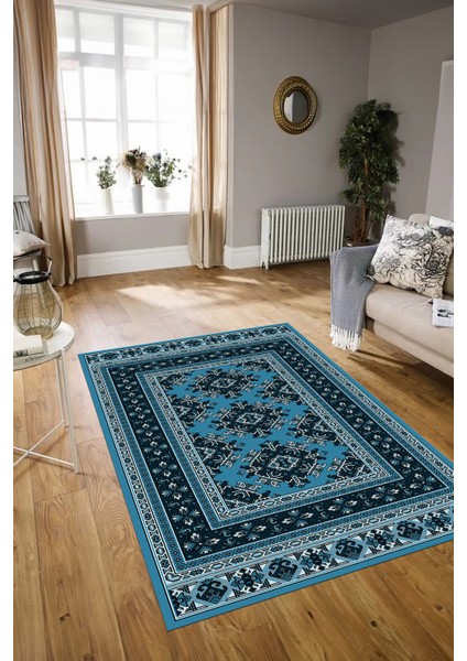 Dijital Baskılı Kaymaz Taban Yıkanabilir Etnik Yolluk Mutfak Salon Halısı, N-Etnik-04-Mavi,