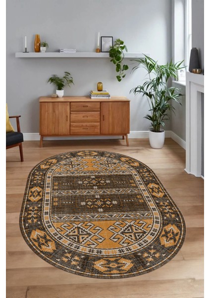 Dijital Baskılı Kaymaz Yıkanabilir Etnik Oval Yolluk Mutfak Salon Halısı, N-O-Etnik-11-Kahve,