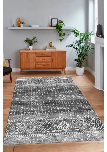 Dijital Baskılı Kaymaz Taban Yıkanabilir Etnik Yolluk Mutfak Salon Halısı, N-Etnik-17-Gri,
