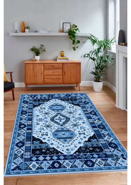 Dijital Baskılı Kaymaz Taban Yıkanabilir Etnik Yolluk Mutfak Salon Halısı, N-Etnik-07-Mavi,