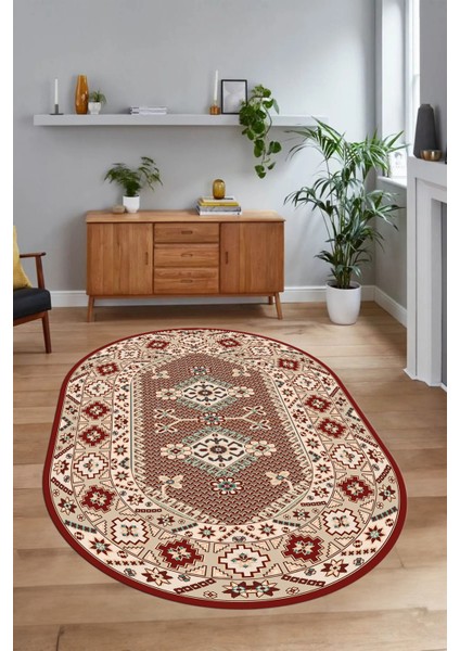 Dijital Baskılı Kaymaz Yıkanabilir Etnik Oval Yolluk Mutfak Salon Halısı, N-O-Etnik-08-Bordo,