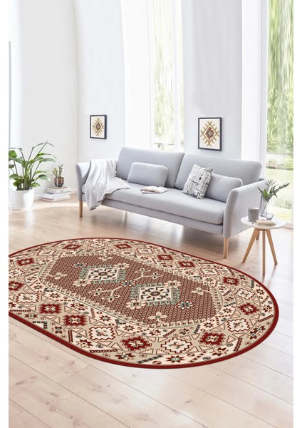 Dijital Baskılı Kaymaz Yıkanabilir Etnik Oval Yolluk Mutfak Salon Halısı, N-O-Etnik-08-Bordo, fiyatları