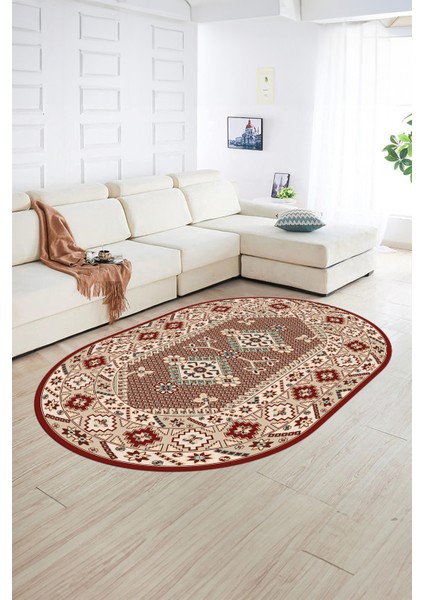 Dijital Baskılı Kaymaz Yıkanabilir Etnik Oval Yolluk Mutfak Salon Halısı, N-O-Etnik-08-Bordo, modelleri
