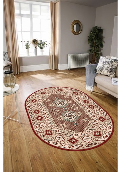 Dijital Baskılı Kaymaz Yıkanabilir Etnik Oval Yolluk Mutfak Salon Halısı, N-O-Etnik-08-Bordo, fırsatları
