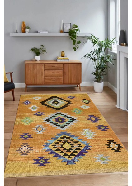 Dijital Baskılı Kaymaz Taban Yıkanabilir Etnik Yolluk Mutfak Salon Halısı, N-Etnik-01-Turuncu,