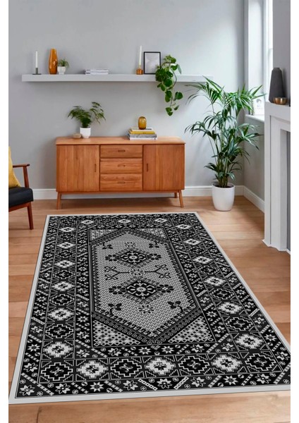 Dijital Baskılı Kaymaz Taban Yıkanabilir Etnik Yolluk Mutfak Salon Halısı, N-Etnik-08-Antrasit,