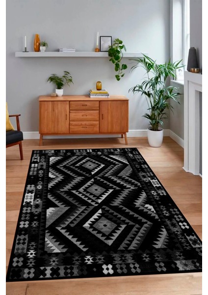 Dijital Baskılı Kaymaz Taban Yıkanabilir Etnik Yolluk Mutfak Salon Halısı, N-Etnik-09-Antrasit,