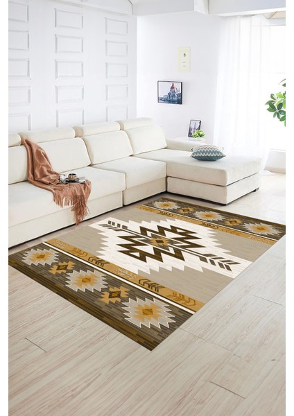 Dijital Baskılı Kaymaz Taban Yıkanabilir Etnik Yolluk Mutfak Salon Halısı, N-Etnik-05-Kahve,