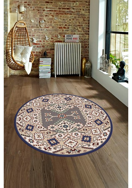 Dijital Baskılı Kaymaz Yıkanabilir Etnik Desen Yuvarlak Mutfak Salon Halısı, N-Y-Etnik-08-Lacevert, indirimleri