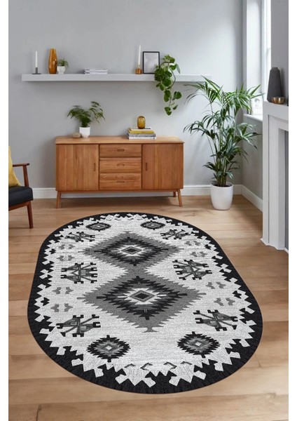Dijital Baskılı Kaymaz Yıkanabilir Etnik Oval Yolluk Mutfak Salon Halısı, N-O-Etnik-02-Gri,