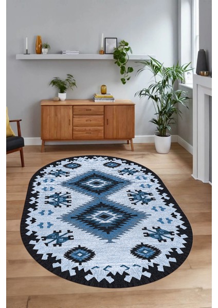 Dijital Baskılı Kaymaz Yıkanabilir Etnik Oval Yolluk Mutfak Salon Halısı, N-O-Etnik-02-Mavi,