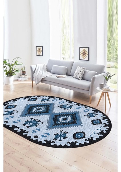 Dijital Baskılı Kaymaz Yıkanabilir Etnik Oval Yolluk Mutfak Salon Halısı, N-O-Etnik-02-Mavi, fiyatları