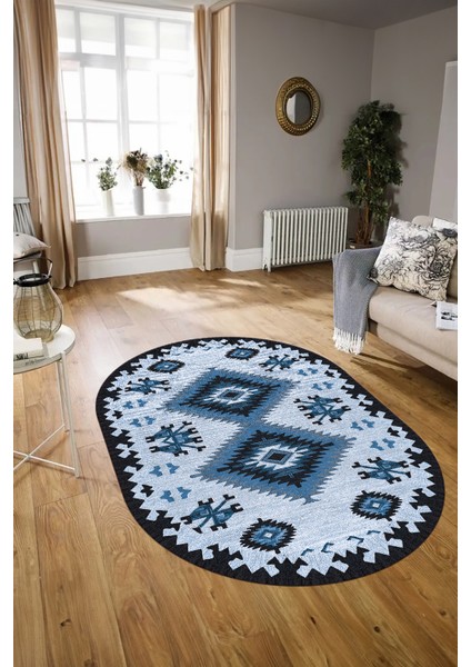 Dijital Baskılı Kaymaz Yıkanabilir Etnik Oval Yolluk Mutfak Salon Halısı, N-O-Etnik-02-Mavi, fırsatları