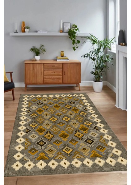 Dijital Baskılı Kaymaz Taban Yıkanabilir Etnik Yolluk Mutfak Salon Halısı, N-Etnik-19-Sarı,