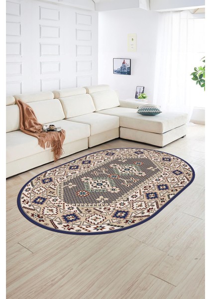 Dijital Baskılı Kaymaz Yıkanabilir Etnik Oval Yolluk Mutfak Salon Halısı, N-O-Etnik-08-Lacevert, modelleri