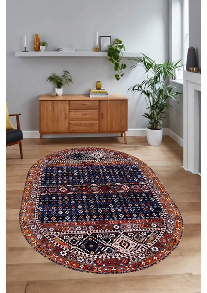 Dijital Baskılı Kaymaz Yıkanabilir Etnik Oval Yolluk Mutfak Salon Halısı, N-O-Etnik-17-Lacivert,