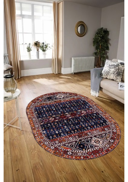 Dijital Baskılı Kaymaz Yıkanabilir Etnik Oval Yolluk Mutfak Salon Halısı, N-O-Etnik-17-Lacivert, fırsatları