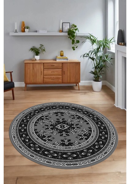Dijital Baskılı Kaymaz Yıkanabilir Etnik Desen Yuvarlak Mutfak Salon Halısı, N-Y-Etnik-04-Gri,