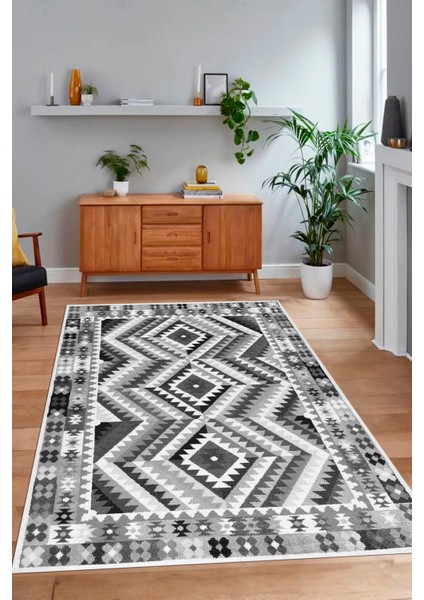 Dijital Baskılı Kaymaz Taban Yıkanabilir Etnik Yolluk Mutfak Salon Halısı, N-Etnik-09-Gri,