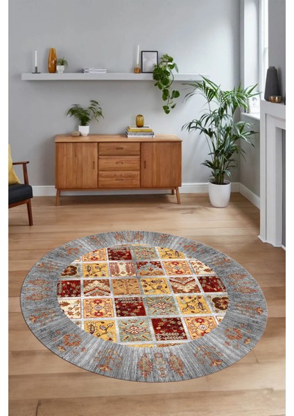 Dijital Baskılı Kaymaz Yıkanabilir Etnik Desen Yuvarlak Mutfak Salon Halısı, N-Y-Etnik-18-Renkli,