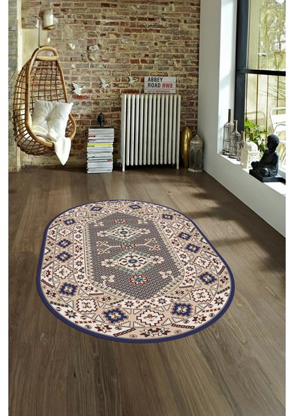 Dijital Baskılı Kaymaz Yıkanabilir Etnik Oval Yolluk Mutfak Salon Halısı, N-O-Etnik-08-Lacevert, indirimleri