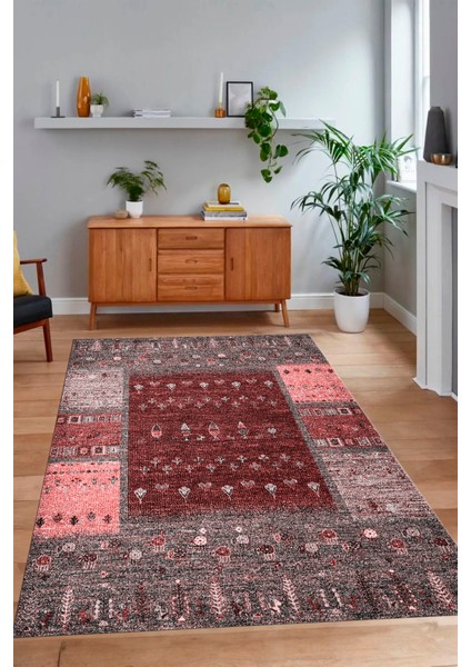 Dijital Baskılı Kaymaz Taban Yıkanabilir Etnik Yolluk Mutfak Salon Halısı, N-Etnik-16-Bordo,