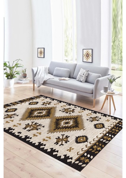 Dijital Baskılı Kaymaz Taban Yıkanabilir Etnik Yolluk Mutfak Salon Halısı, N-Etnik-02-Kahve,