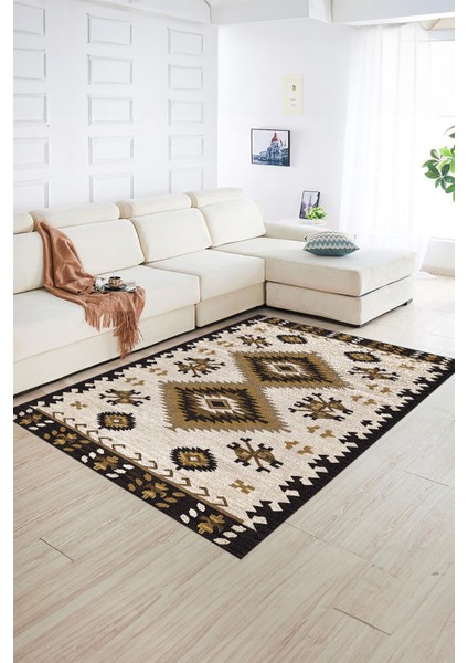 Dijital Baskılı Kaymaz Taban Yıkanabilir Etnik Yolluk Mutfak Salon Halısı, N-Etnik-02-Kahve,
