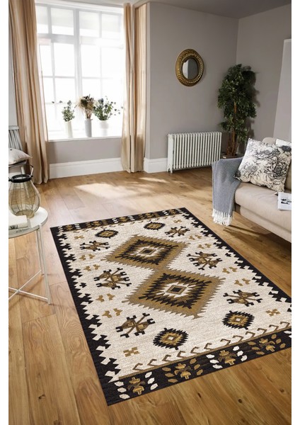 Dijital Baskılı Kaymaz Taban Yıkanabilir Etnik Yolluk Mutfak Salon Halısı, N-Etnik-02-Kahve,