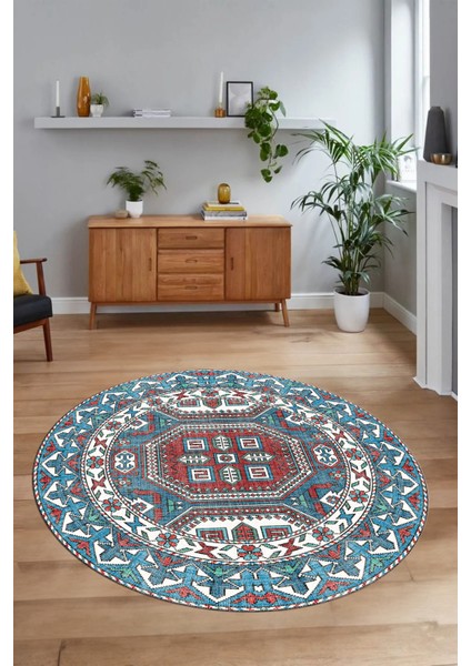 Dijital Baskılı Kaymaz Yıkanabilir Etnik Desen Yuvarlak Mutfak Salon Halısı, N-Y-Etnik-14-Renkli,