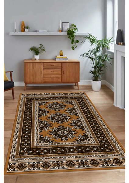 Dijital Baskılı Kaymaz Taban Yıkanabilir Etnik Yolluk Mutfak Salon Halısı, N-Etnik-04-Kahve,