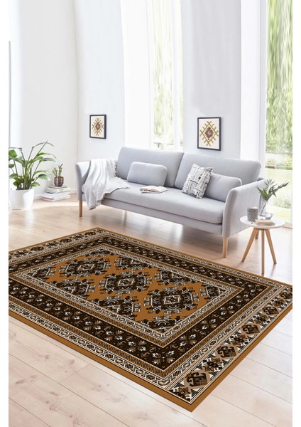 Dijital Baskılı Kaymaz Taban Yıkanabilir Etnik Yolluk Mutfak Salon Halısı, N-Etnik-04-Kahve,