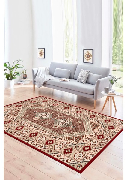 Dijital Baskılı Kaymaz Taban Yıkanabilir Etnik Yolluk Mutfak Salon Halısı, N-Etnik-08-Bordo,
