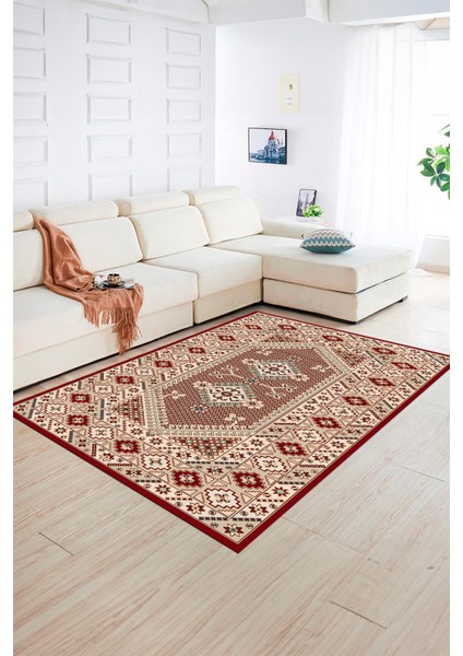 Dijital Baskılı Kaymaz Taban Yıkanabilir Etnik Yolluk Mutfak Salon Halısı, N-Etnik-08-Bordo,