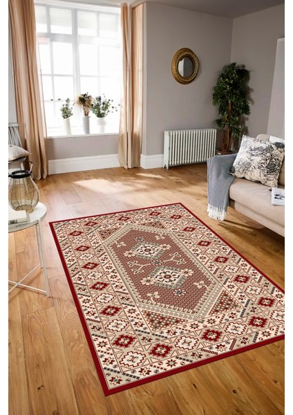 Dijital Baskılı Kaymaz Taban Yıkanabilir Etnik Yolluk Mutfak Salon Halısı, N-Etnik-08-Bordo,