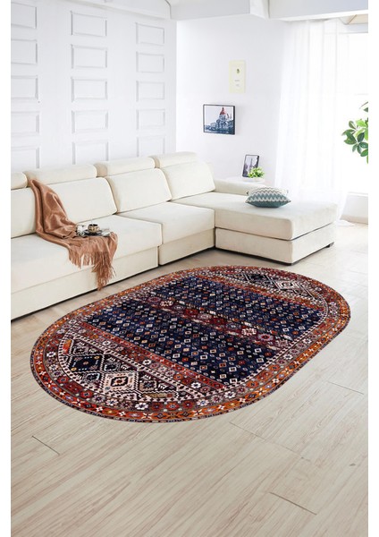 Dijital Baskılı Kaymaz Yıkanabilir Etnik Oval Yolluk Mutfak Salon Halısı, N-O-Etnik-17-Lacivert, modelleri