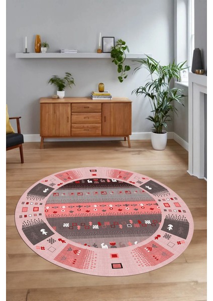 Dijital Baskılı Kaymaz Yıkanabilir Etnik Desen Yuvarlak Mutfak Salon Halısı, N-Y-Etnik-15-Pembe,