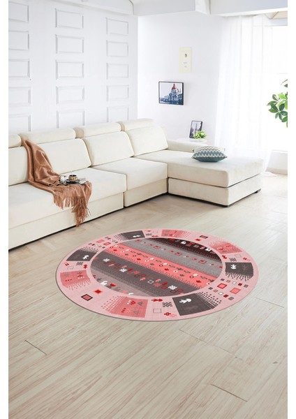 Dijital Baskılı Kaymaz Yıkanabilir Etnik Desen Yuvarlak Mutfak Salon Halısı, N-Y-Etnik-15-Pembe, modelleri