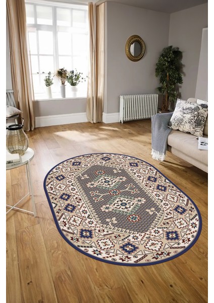 Dijital Baskılı Kaymaz Yıkanabilir Etnik Oval Yolluk Mutfak Salon Halısı, N-O-Etnik-08-Lacevert, fırsatları